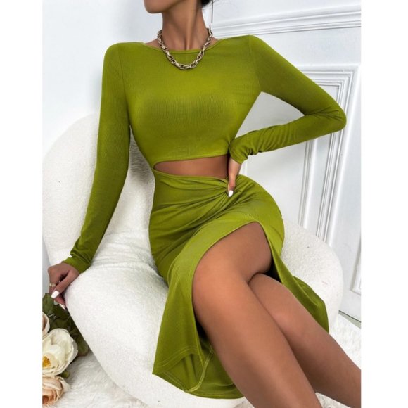 Cut Out Twist Front Slit Thigh Bodycon Lime Green Dress - Picture 1 of 6